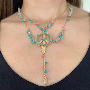 Stackable beaded necklace. Peace sign with rosary.